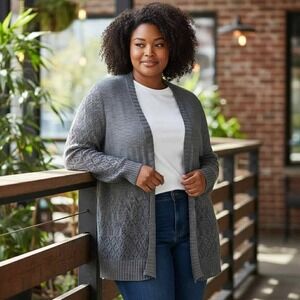 Women's Maurices Gray Open Front Knit Cardigan Lace Detail‎ Sweater Size XL